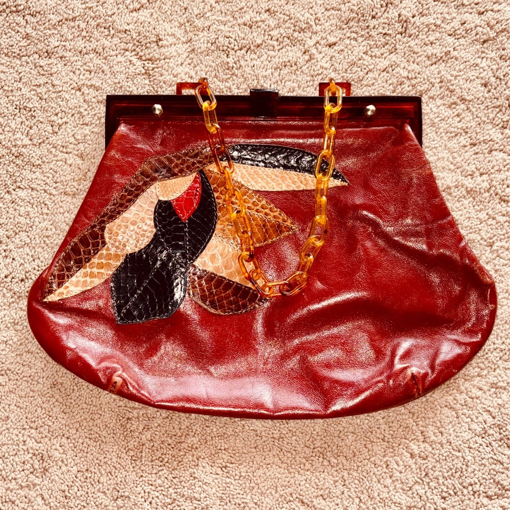 Vintage Leather Purse with "Alligator" Skin Applique - Picture 2 of 7